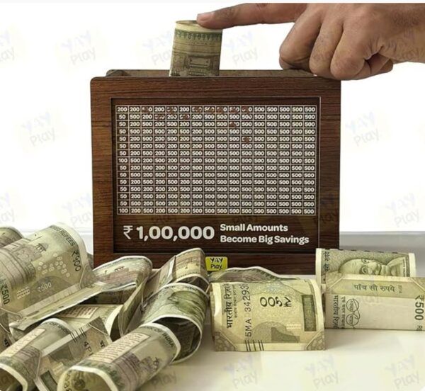 Wooden Money Bank - ₹1 Lakh Savings Challenge Box - Image 3